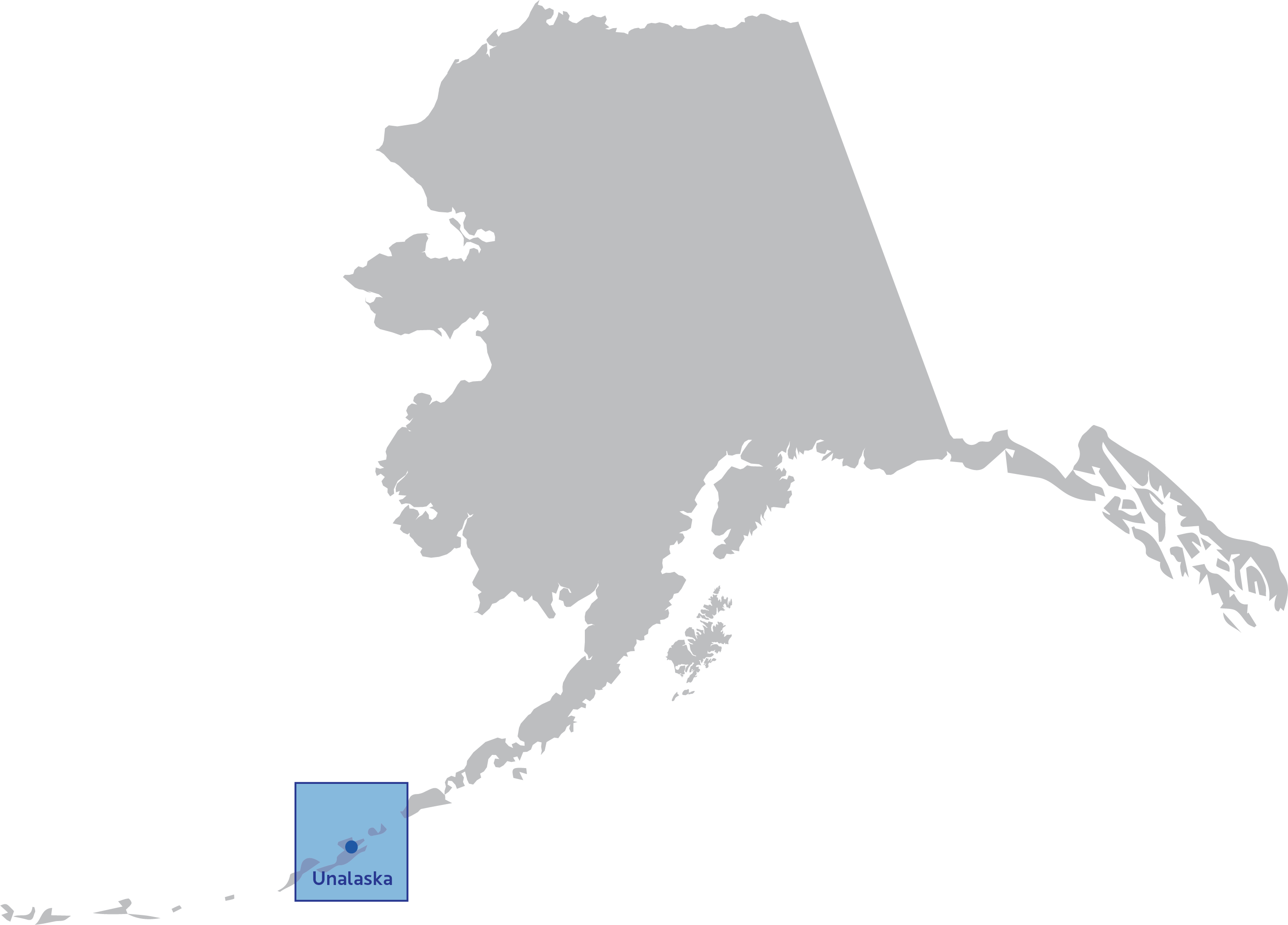 Map of Alaska with Unalaska highlighted.